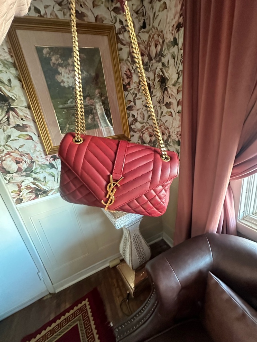 Saint Laurent Red Quilted Leather Monogram Chain Shoulder Bag - Picture 8 of 16